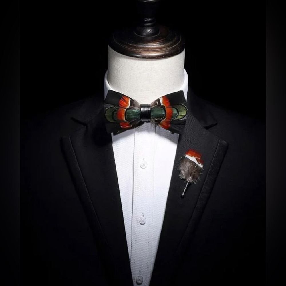 NEW - Handmade "The Atticus" Pre-Tied Adjustable Feather Bow Tie & Lapel Pin Set